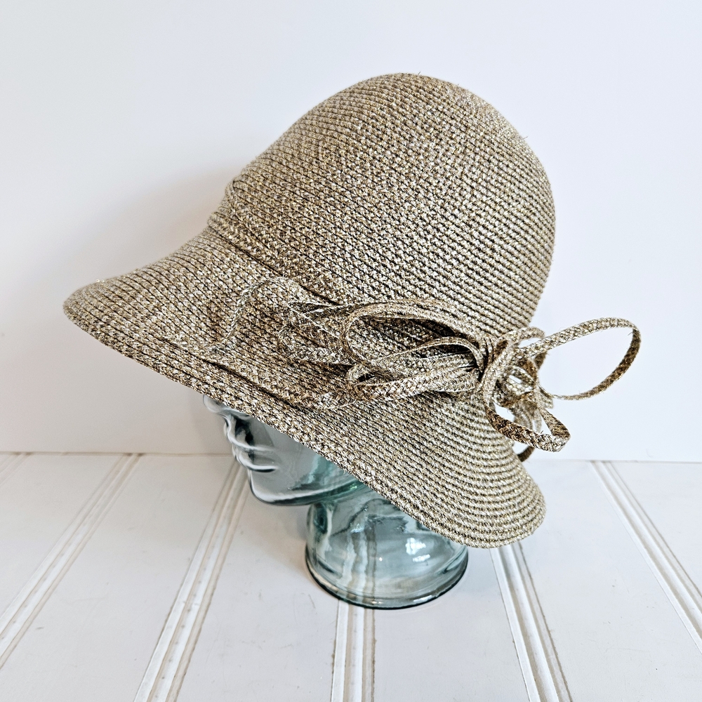 Frank Olive Metallic Gold Straw Hat Bow Detail Vintage Designer